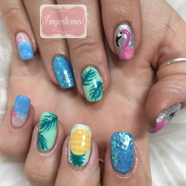 Tam at Fingerlicious Nails combines yellow, green and blue in this summery design