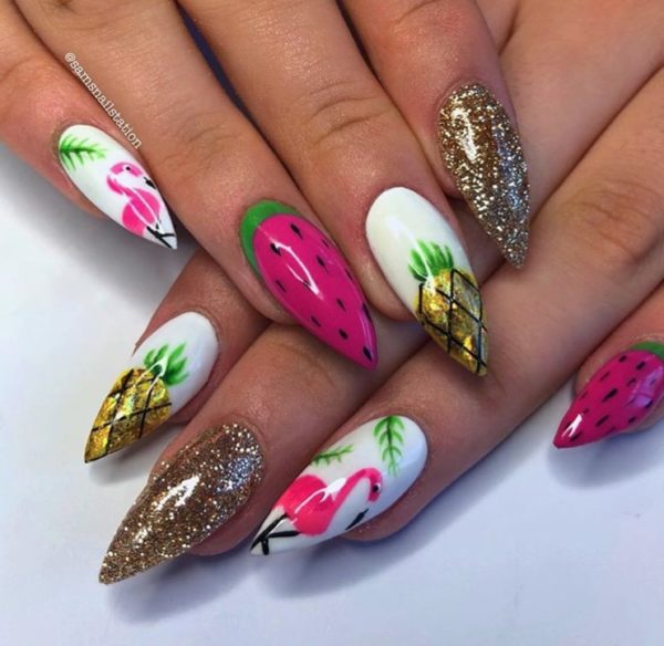 The team at Sam's Nail Station add a juicy a watermelon to this holiday-ready design