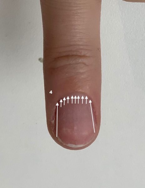 Step 4: Use the file to push back and remove any cuticle growth from the nail plate, start from one side wall, across the cuticle zone and the other side wall. Don’t put too much pressure and ensure you do not press the file onto areas you have already filed.