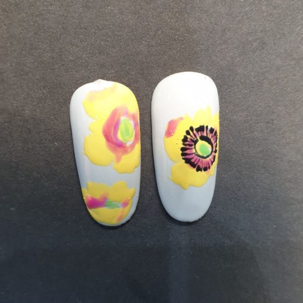 Step 2: Using CND Shellac in Limeade, paint the middle of the flower & cure. With premixed CND Shellac in Wildfire & top coat, create shadow around the middle of the flower & cure.