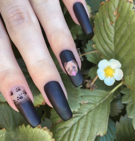 This matte black set by Emily Boni is perfected with a pug