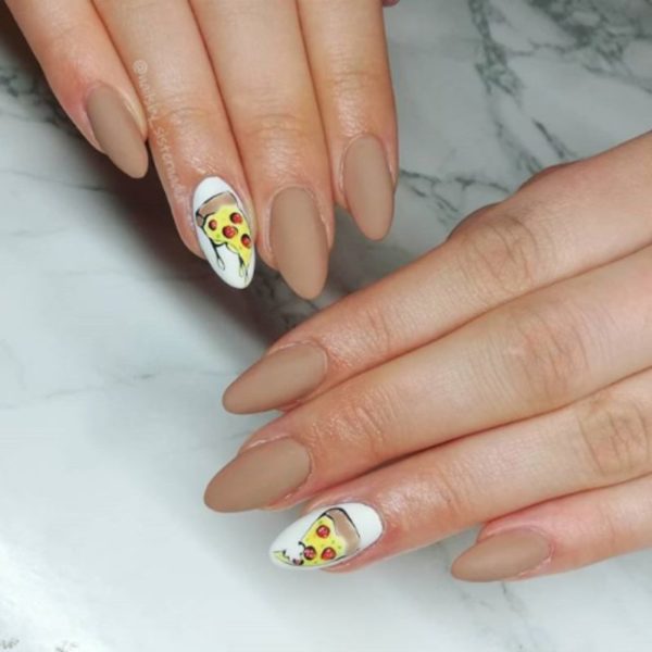 This cool toned nude set, by Nails By Sister Nadia, is offset with a white accent nail – perfected with pepperoni