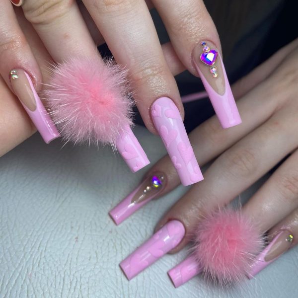 @faithjamesnails brings Barbie vibes to nails with pom poms and textured hearts, inspired by @nailsbydariana.