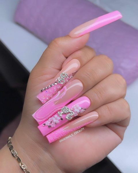 Barbie-inspired bling is just one of the 3D elements used on these enhancements by Kelly Ramos of @kikinails_ebeauty.