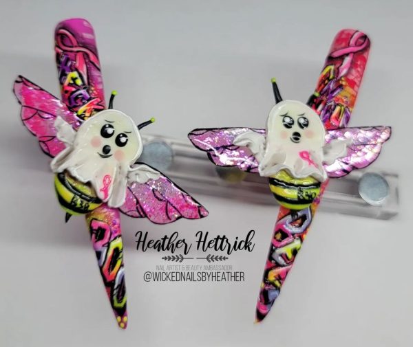 @wickednailsbyheather. These nails also mark Breast Cancer Awareness Month and encourage checking your boo-bees.