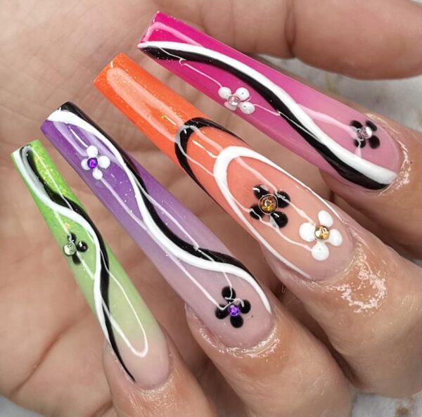 Glitz & glam nails by jodi-lea - "Coloured ombré, flowers and swirls"