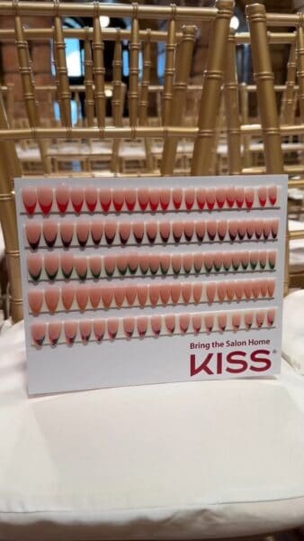 Kiss ambassador, Gina Edwards, created a rainbow of French styles for the PatBO runway, with five different coloured tips worn. Image: @kissproducts