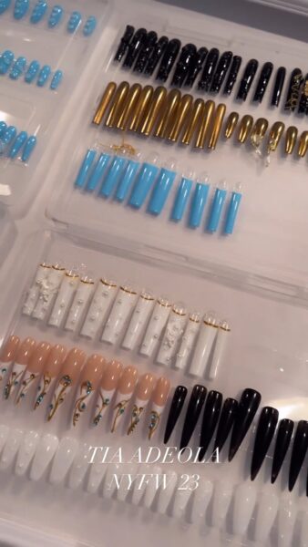 Models sported a range of nail styles at the Tia Adeola show, including gold chrome, bedazzled French and bright blue designs, led by Marietta Mack. Image: @huestipsbymarie