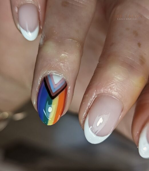 Jay Birch - "These nails were created for a bride's wedding. She chose to have her ring finger decorated with a Pride flag design, in honour of her daughter."