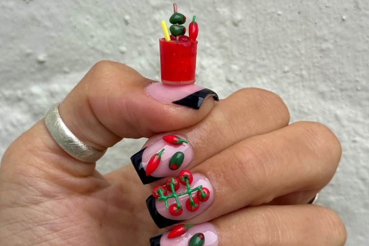 Bloody mary cocktail nail art by @snoozystudio